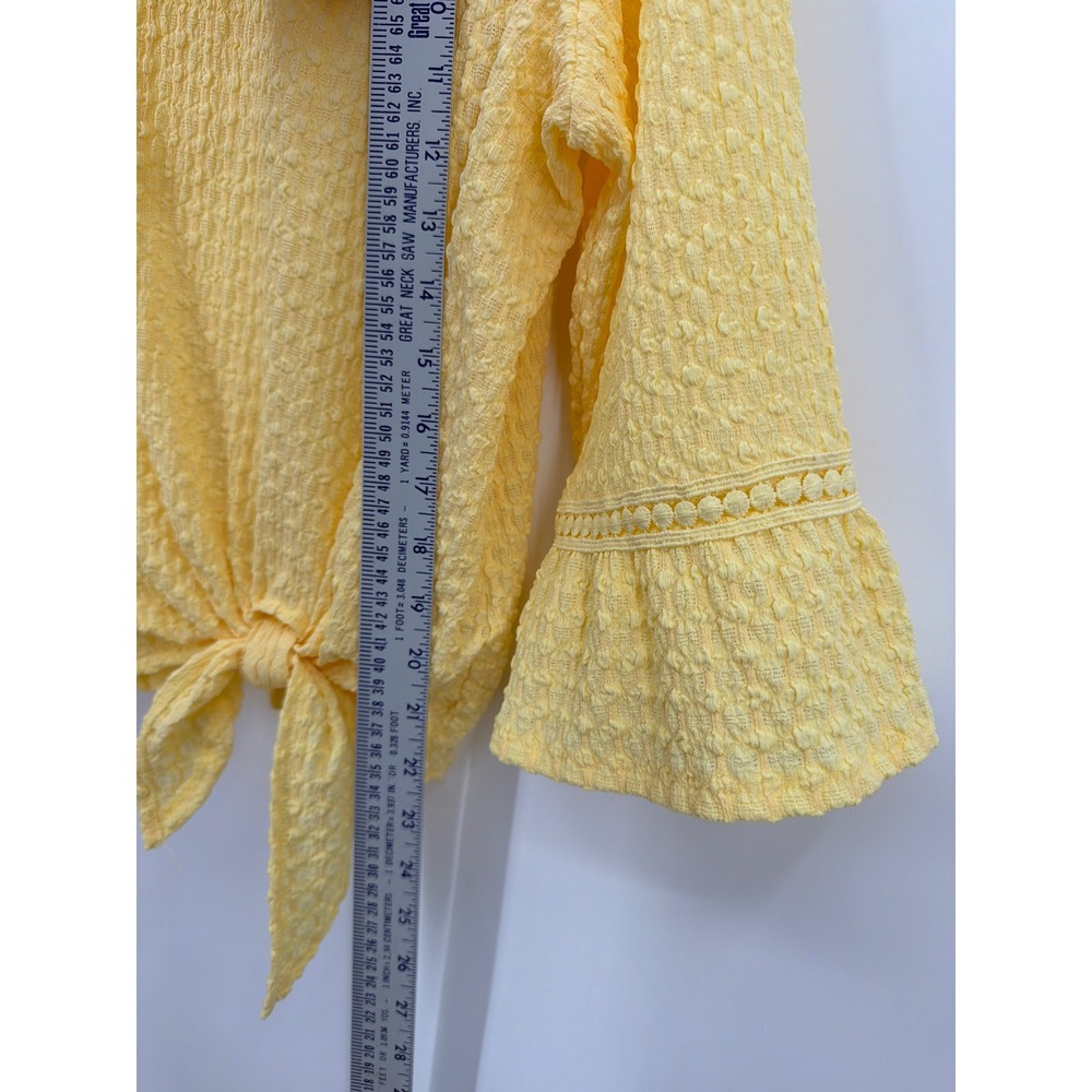 Alfred Dunner Petite XL Butter Yellow Textured Tie Front Bell Sleeve Top - Picture 4 of 6